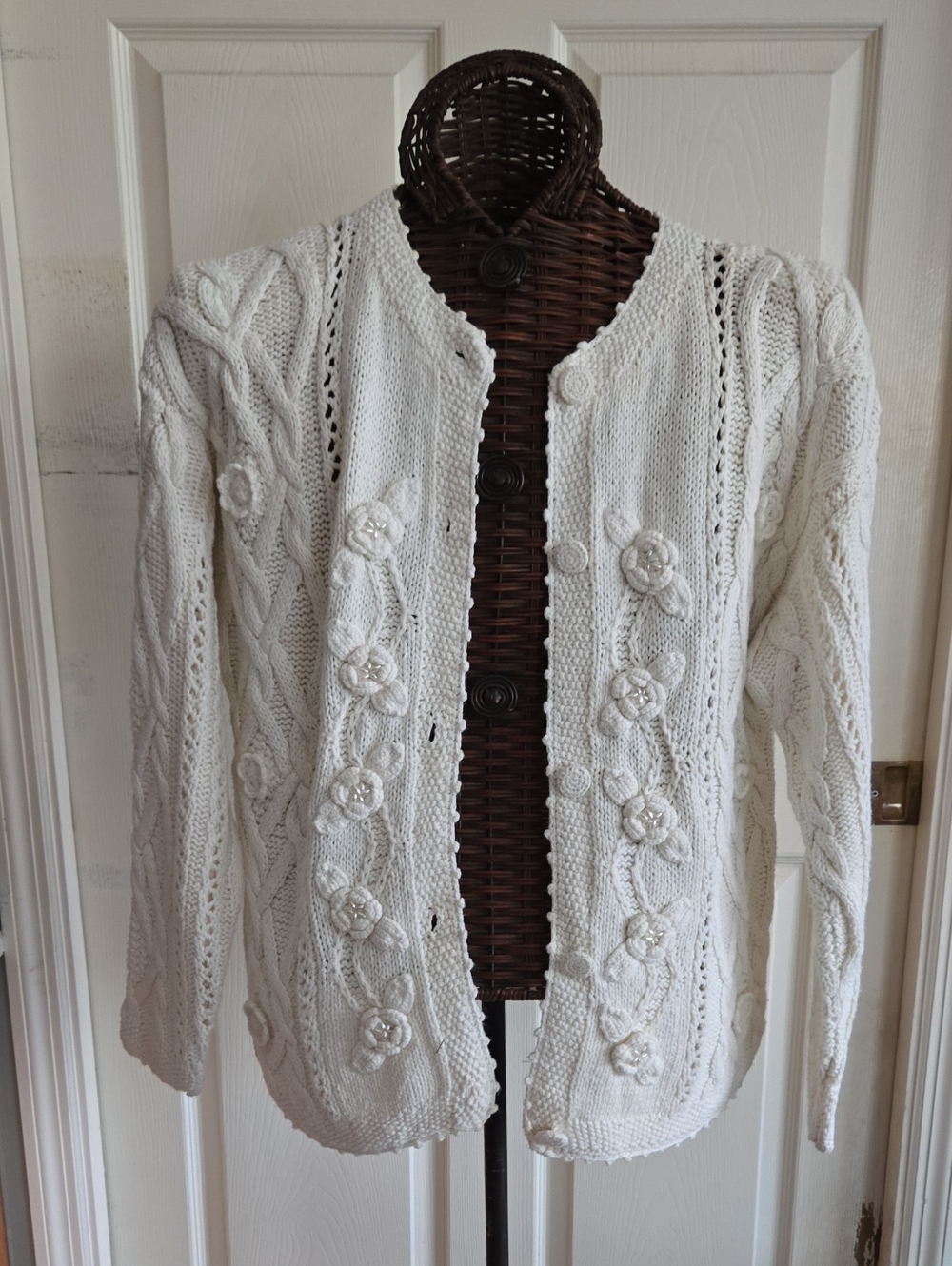 Margules Women's Floral Cable Knit Cardigan in Cream-Size L